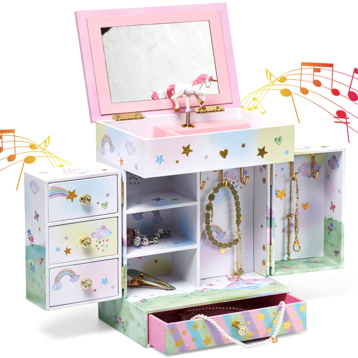 Jewelkeeper Kids Jewelry Box - Unicorn Theme - Musical Jewelry Box with Drawers - Artificial Wood Material - Includes Fancy Mirror and Twirling Figurine - Perfect for Girls