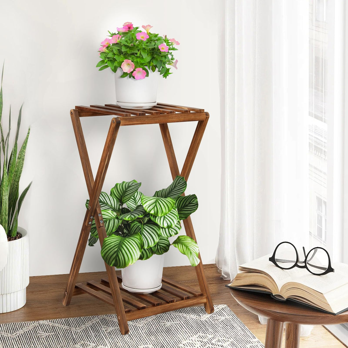 Jotboom Plant Stand Indoor,Wooden 2 Tier Plant Stands,Corner Square Plant Shelf,Rustic Flower Stand Tall Plant Holder for Living Room Bedroom Balcony Office