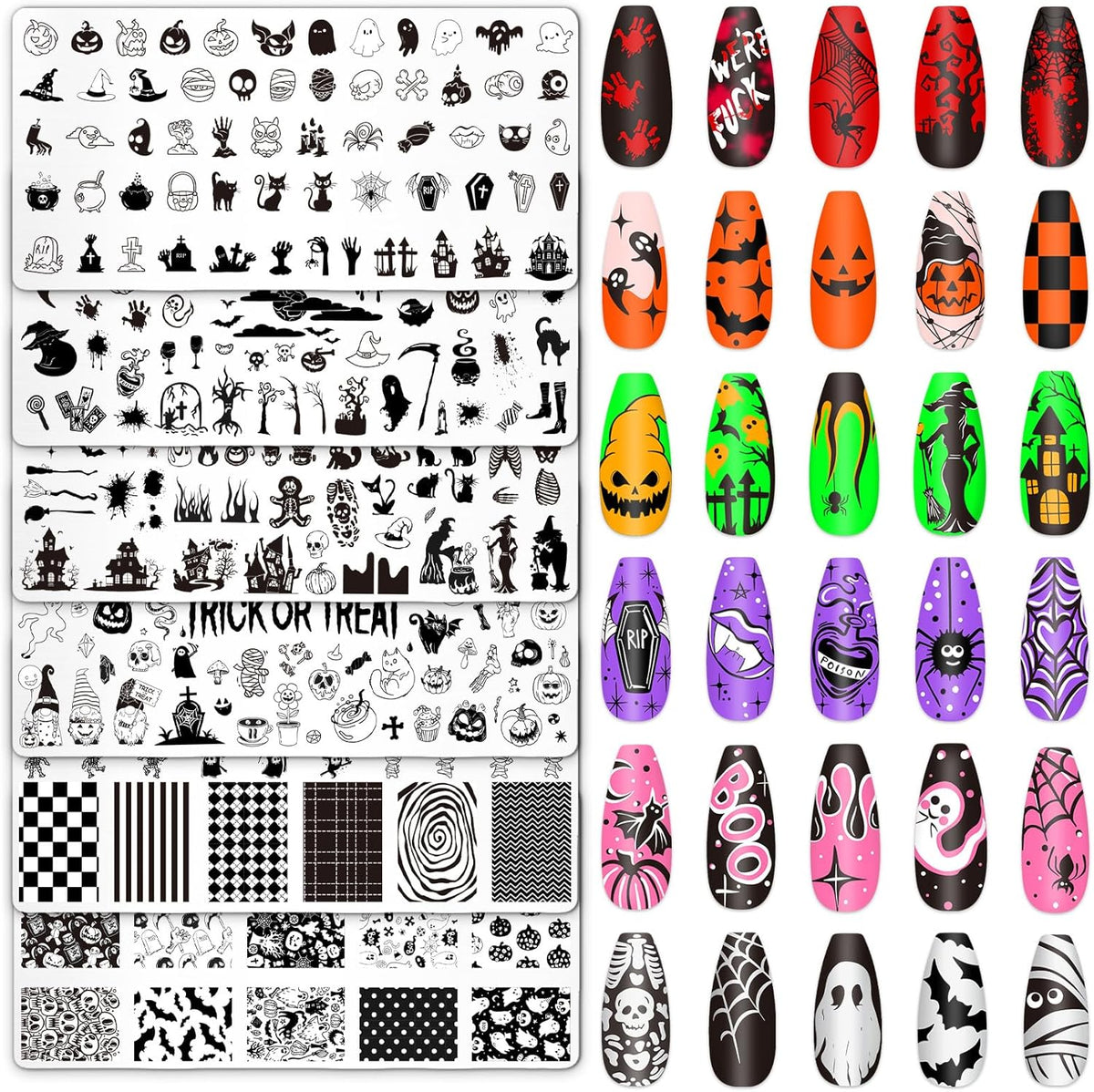 Whaline 6Pcs Halloween Nail Plates Stamping Set Pumpkin Ghost Bat Witch Stamp Templates Nail Art Plates for Trick or Treat Party DIY Print Manicure Salon Design
