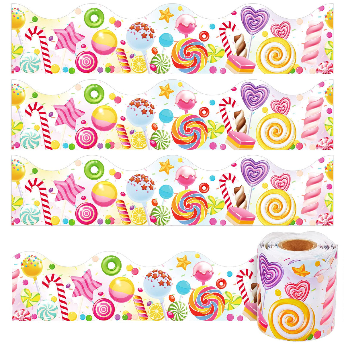 Outus 65.6ft Candyland Bulletin Board Border Lollipop Self Adhesive Scalloped Border Trims Sweet Themed Cutouts Bulletin Board for Classroom School Door Desk Supplies, Birthday Party Decorations