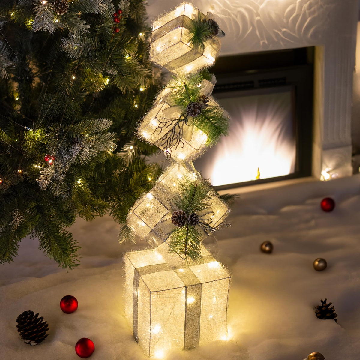 Hourleey Set of 4 Christmas Lighted Gift Boxes, 3FT Pre-lit 70 LED Stackable Light Up Present Boxes Ornament, Xmas Tinsel Boxes Decorations for Indoor Outdoor Home Yard Lawn Décor