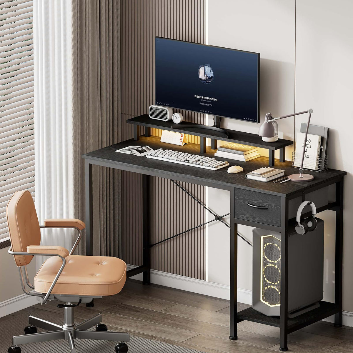 Lkeiyay 47 Inch Gaming Desk with LED Lights & Monitor Stand,Computer Desks with Storage Drawer and Power Outlet,Reversible Gamer Desk with Headphone Hooks and Shelves for Small Space Upgrade Black