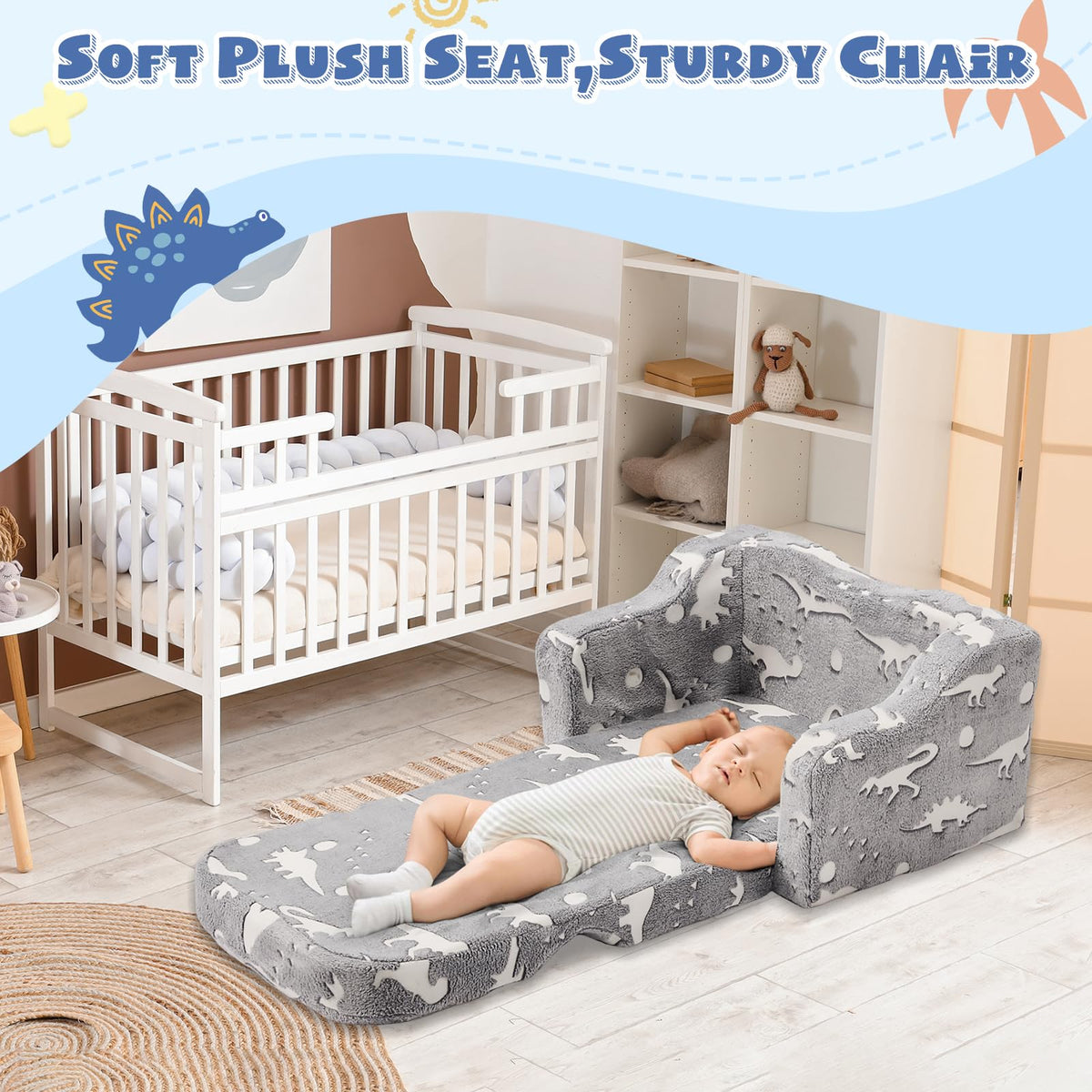 BUPPLEE Kids Sofa, 2-in-1 Soft Toddler Couch Fold Out, Toddler Chair Comfy with Cute Designs, Convertible Sofa to Lounger for Girls and Boys, Gray