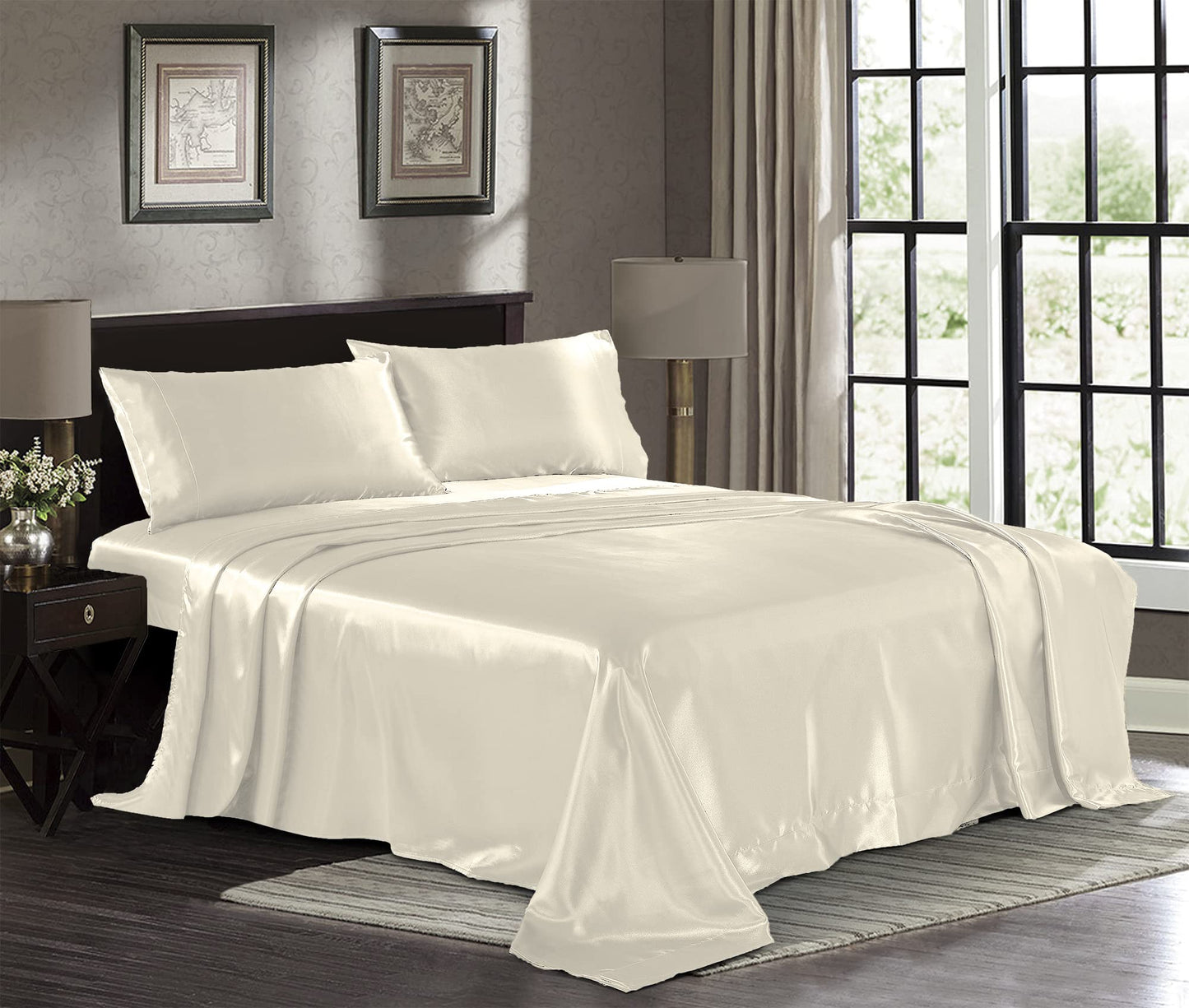 Pure Bedding Satin Sheets Queen [4-Piece, Ivory] Hotel Luxury Silky Bed Sheets - Extra Soft 1800 Microfiber Sheet Set, Wrinkle, Fade, Deep Pocket Fitted Sheet, Flat Sheet, Pillow Cases