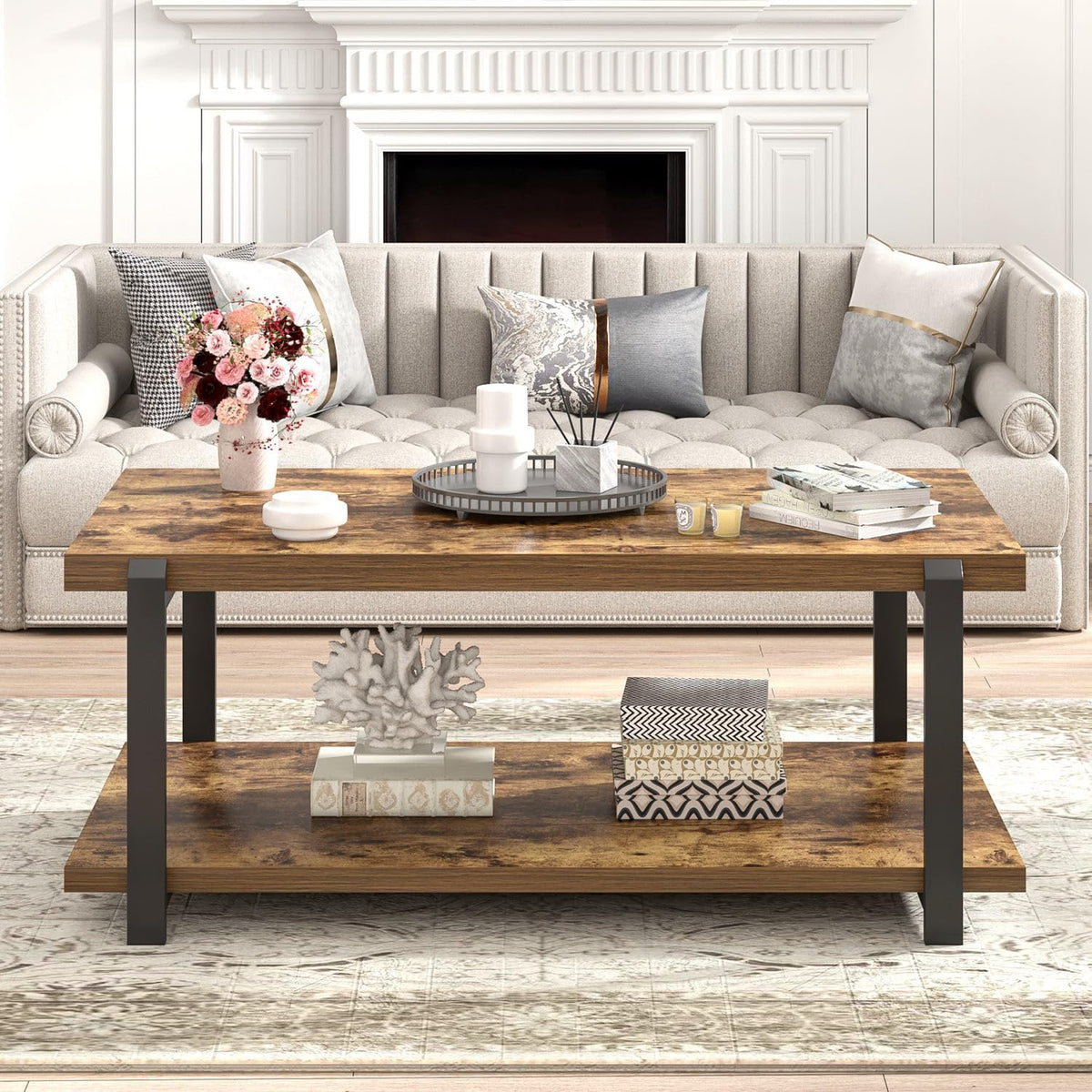 FOLUBAN Modern Coffee Table, Rustic Wood Center Table with Storage for Living Room, Industrial Rectangle 2 Tier Low Cocktail Tea Table, Rustic Brown