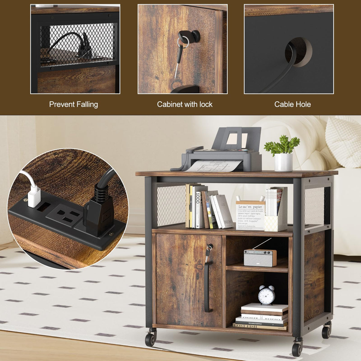 URLINE Lateral File Cabinet, Locking Office Filing Cabinets with Socket and USB Charging Port,printer cart with storage，Modern Rolling Printer Stand with Storage for Printer Scanner Fax，Brown