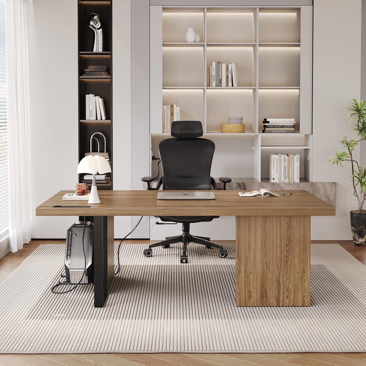 MesaSync 60-Inch Large Executive Desk, Modern Minimalist Wooden Computer Office Desk Workstation with Extra Thick Tabletop and Built-in Power Outlet, Business and Home Office
