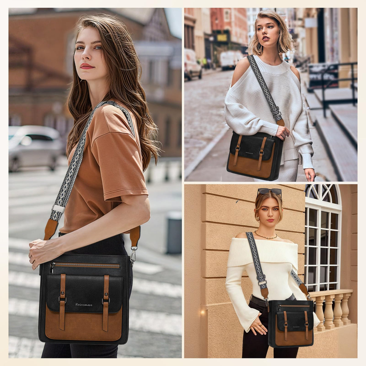 RAINSMORE Crossbody Bag for Women, Waterproof Leather Crossbody Purses Lightweight Handbags Shoulder Bag with Adjustable Shoulder Strap, Women's Crossbody Travel Purse