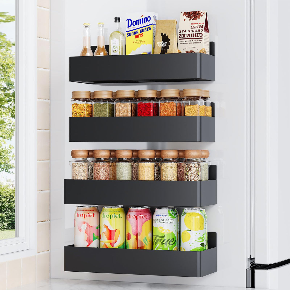 Mystozer Magnetic Spice Rack for Refrigerator, Kitchen Organizer and Storage Shelf, Black (4 Pack)…