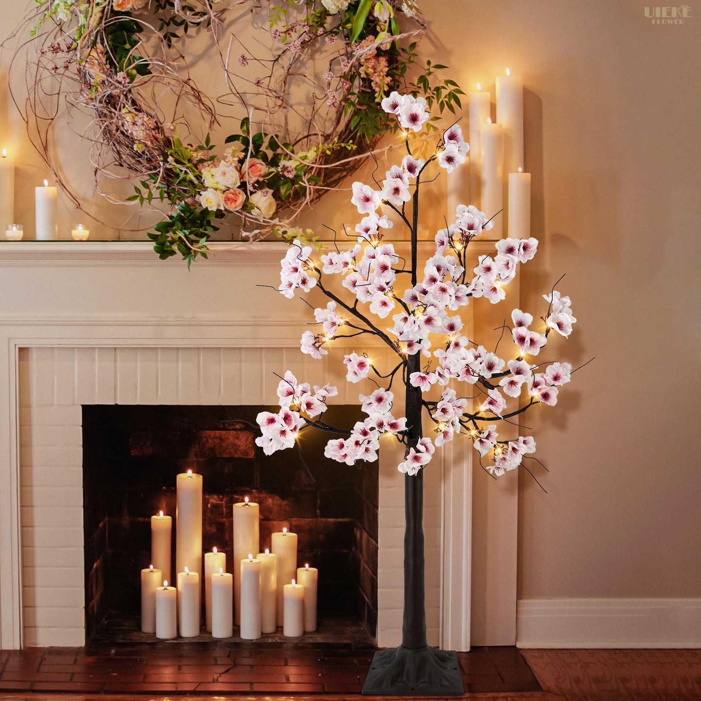 Uieke 4FT Cherry Blossom Tree, 48 Fairy Lights Artificial Lighted Tree for Home Inside Outdoor Spring Wedding Party Festival Decor, Warm White