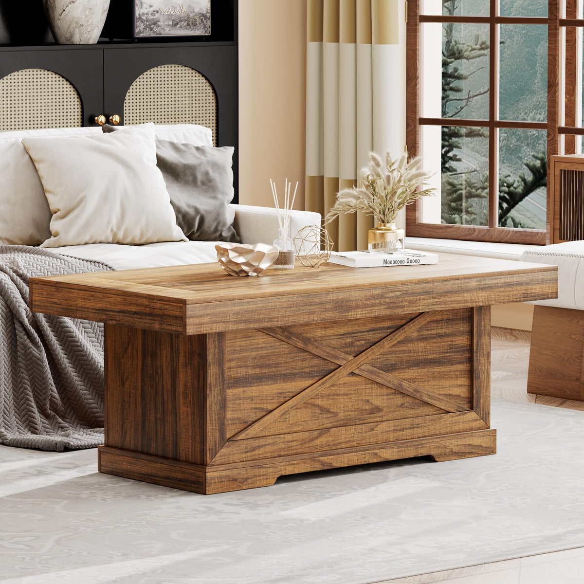 Lareth Coffee Table 39 in Rustic Center Table with X-Design Wooden Pedestal for Living Room, Space Saving, Easy Assembly Rectangle Home Office Tea Accent Table for Dining Room Apartment, Walnut