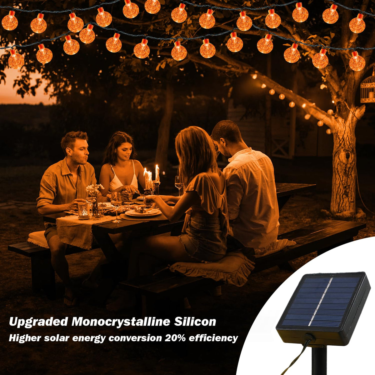 USOKYO Solar Lights Outdoor Waterproof, 2 Pack Total 120LED 72FT Solar String Lights for Outside with 8 Modes, Outdoor String Lights Crystal Globe Patio Lights for Garden Yard Party Decor (Orange)