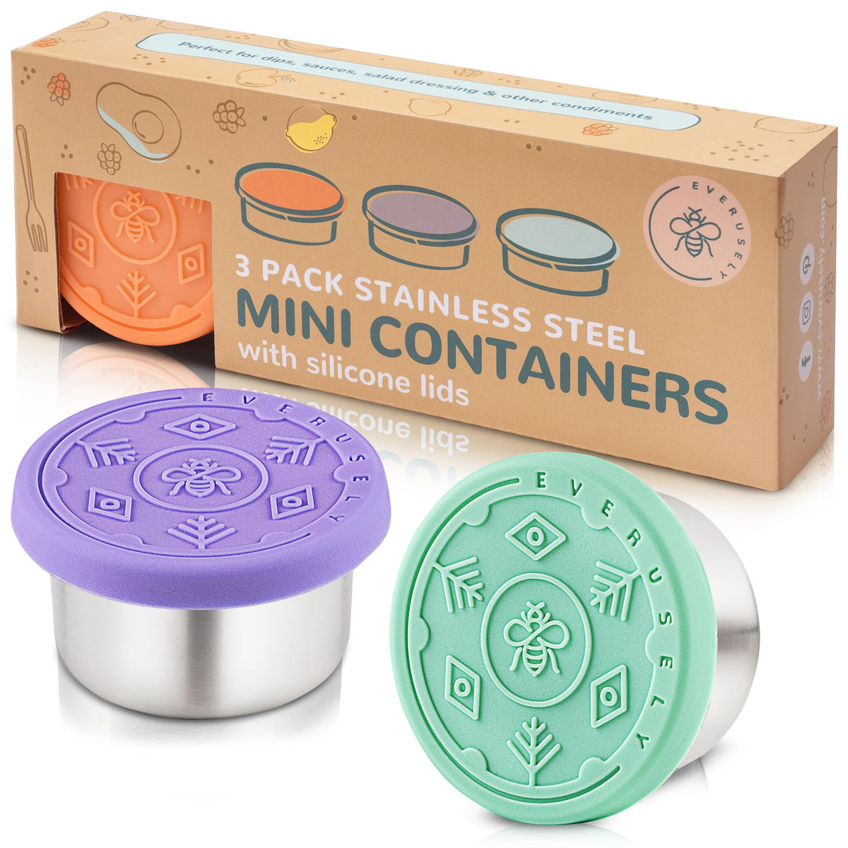 Everusely Condiment Cups - 3 Pack, 1.7 oz / 50 ml, Muted, Stainless Steel - Condiment Containers with Lids - Reusable Salad Dressing Container To Go - Sauce & Dip Cup for Lunchbox, Meal Prep