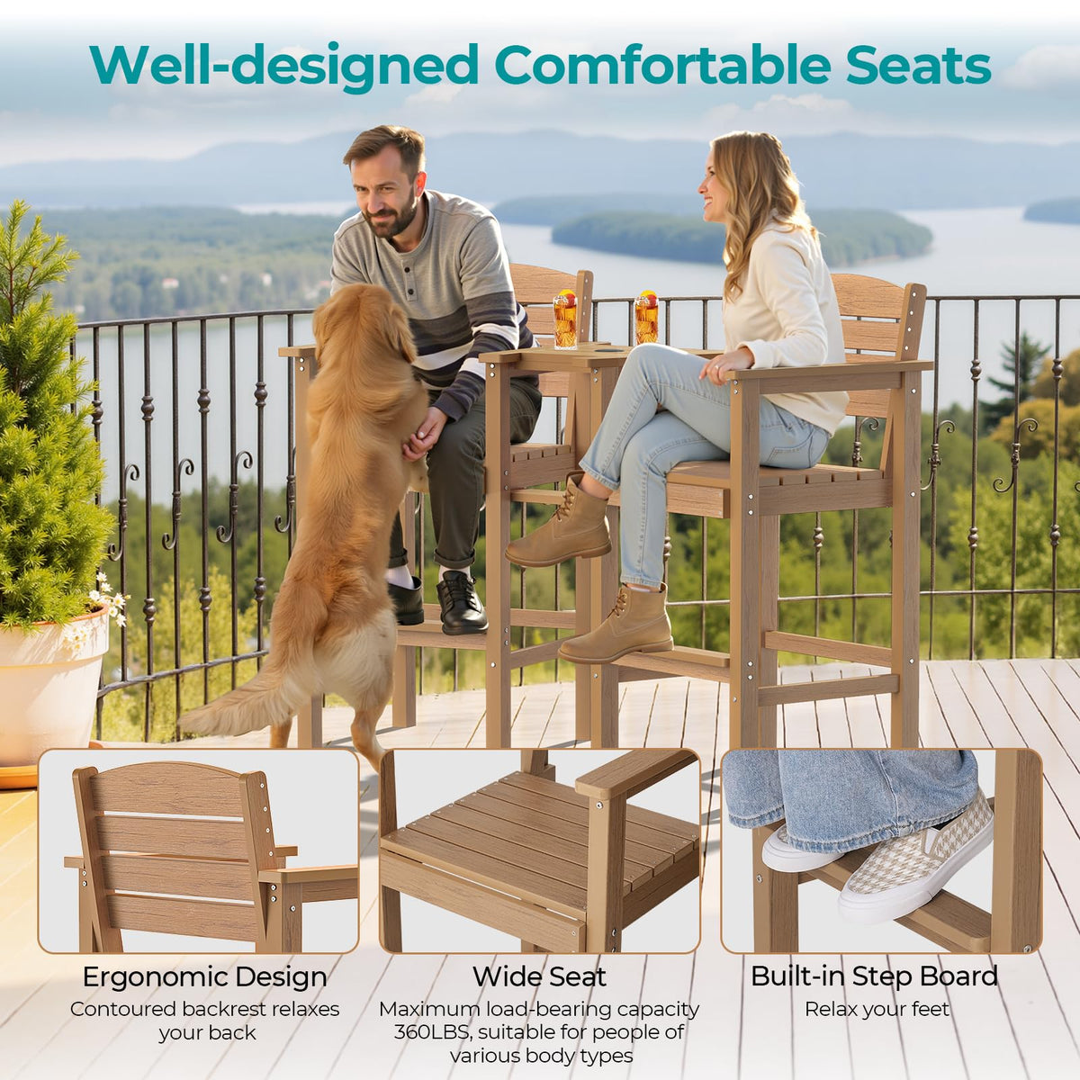 LuxaDomus Tall Adirondack Chairs Set of 2, Outdoor HDPS Adirondack Chair with Removable Tray, Balcony Chairs with Umbrella Hole, Weather Resistance Tall Patio Chairs for Deck Patio Pool Lawn, Teak