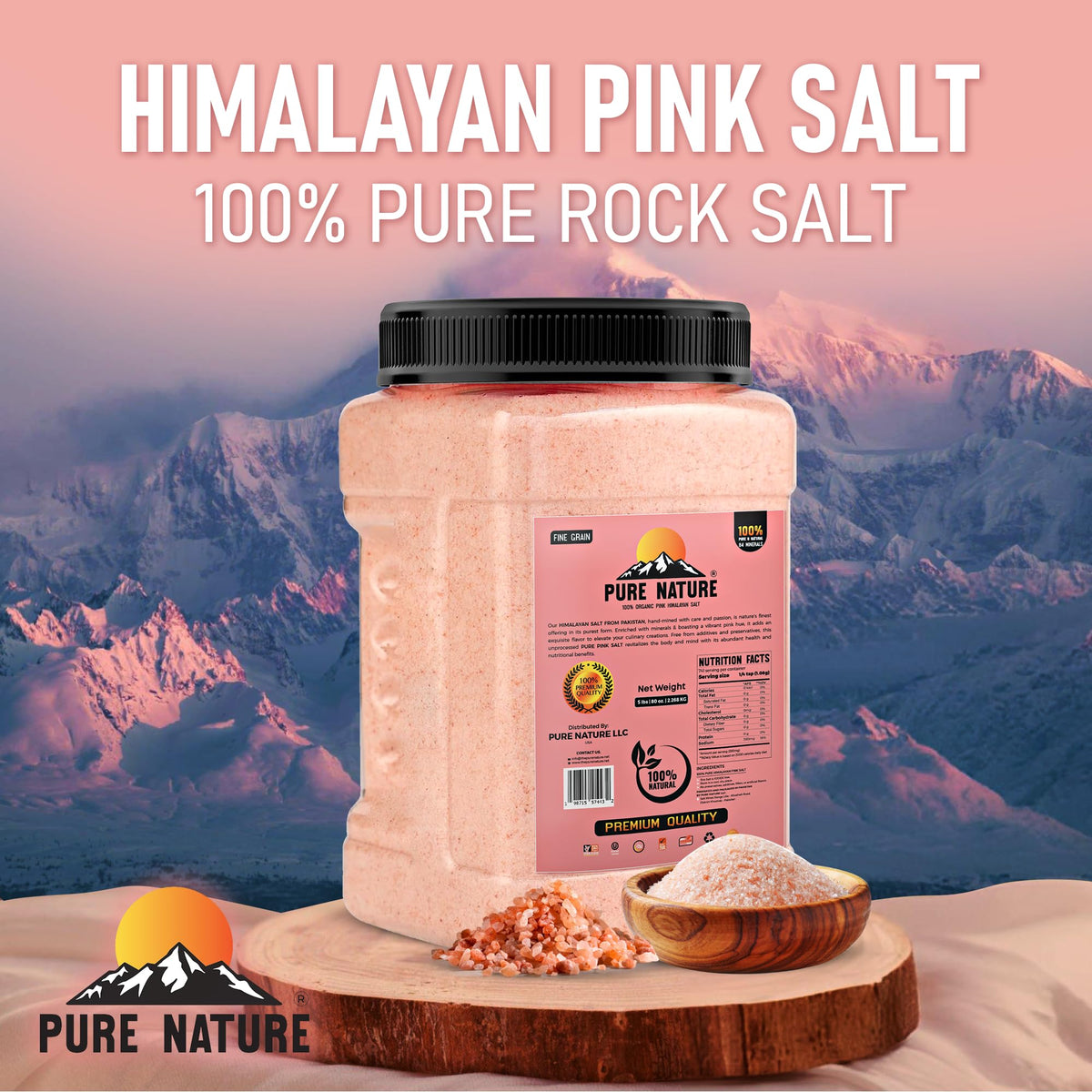 PURE NATURE Himalayan Pink Salt 5lb Fine Grain Jar, Natural Unprocessed Rock-Salt with 84 Minerals Bulk Gourmet-Salt for Cooking, Grilling,Boosts Electrolytes and Balances Body pH