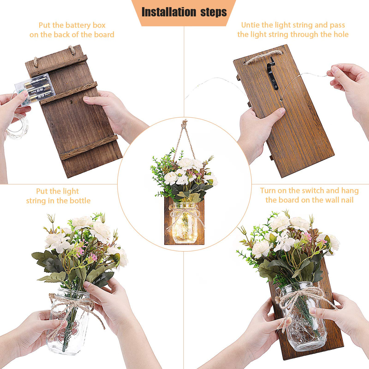 Lightess Wall Decor Mason Jar Sconces with Remote Control, Rustic Home Decor Wall LED Fairy Lights with White Rose, Farmhouse Wall Decorations Lights Set of Two for Dining Room Living Room