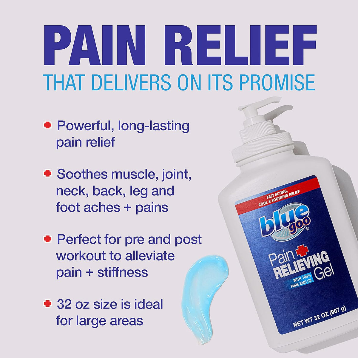 Blue Goo Pain Relieving Gel – Fast-Acting Cooling Relief for Back, Neck and Joint Discomfort, Soothes Headache, Leg and Foot Pain, Made with 100% Pure Emu Oil – 32 oz (1 Pack)