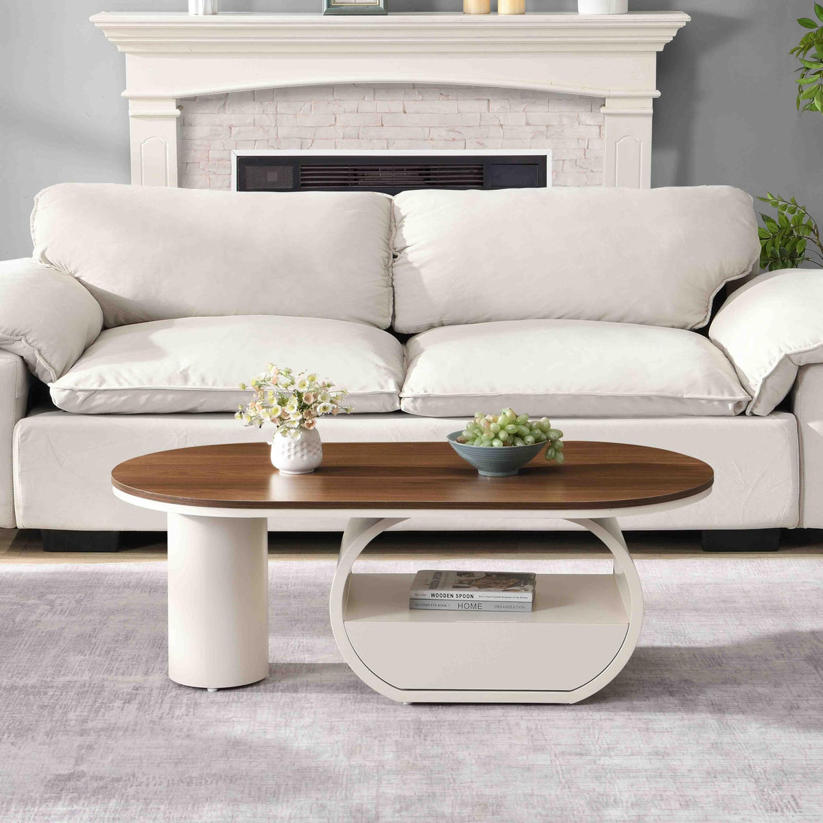 47.24'' Modern Coffee Table, Luxury Oval Coffee Table with Storage Drawer and Shelf, Metal Center Table for Living Room ﻿ (Antique White+Brown)