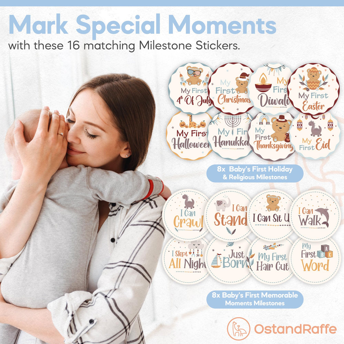 OSTANDRAFFE Monthly Baby Milestone Blanket for Boy, Premium Soft Fleece Blanket, First 12 Months Growth Chart, Large Size 60" x 40", 16 Milestone Stickers