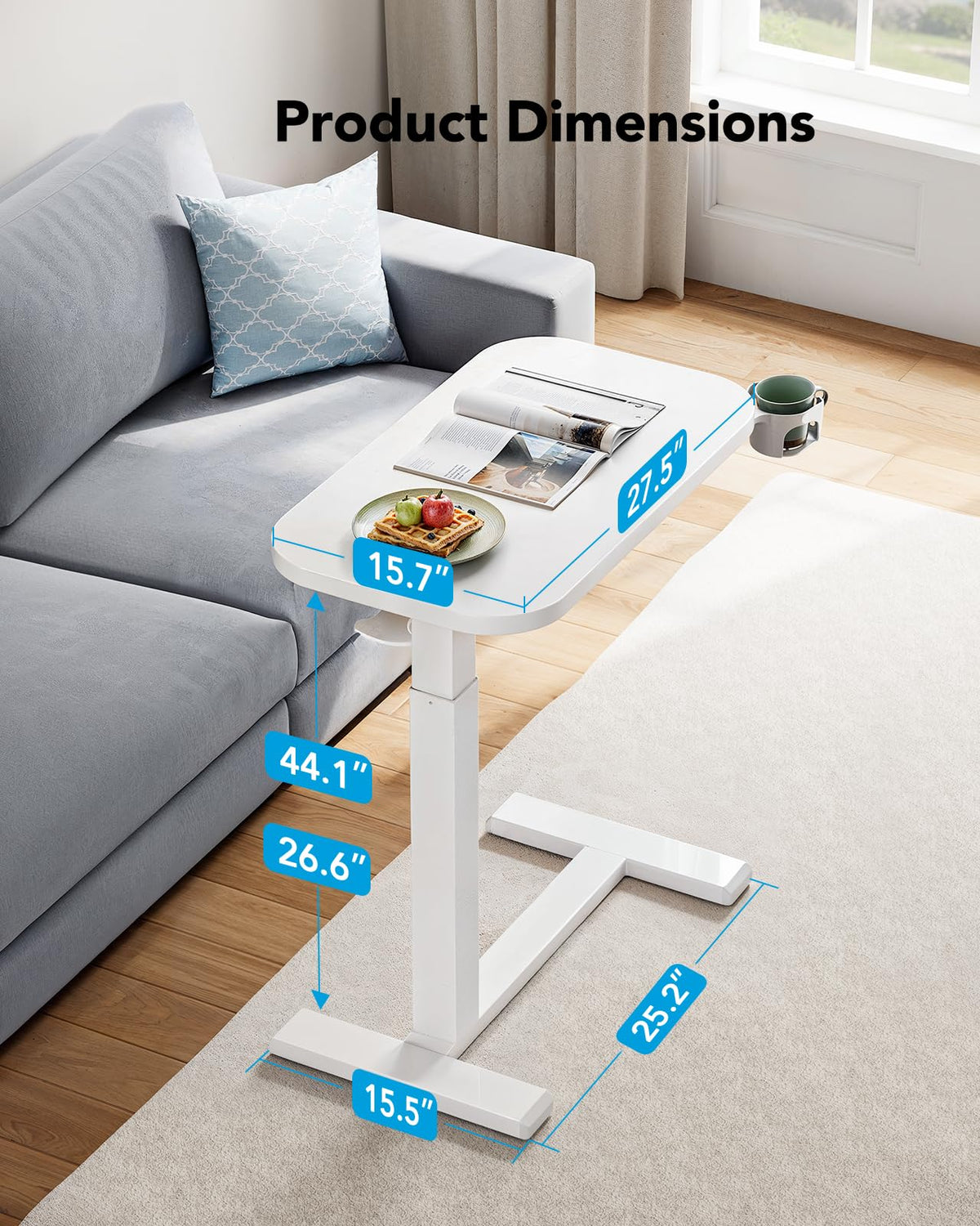 HUANUO Bedside Table with Wheels, Height-Adjustable Rolling Computer Cart, Overbed Table with Cup Holder, Pneumatic Laptop Standing Desk for Home Office, White (27.6" x 15.7")