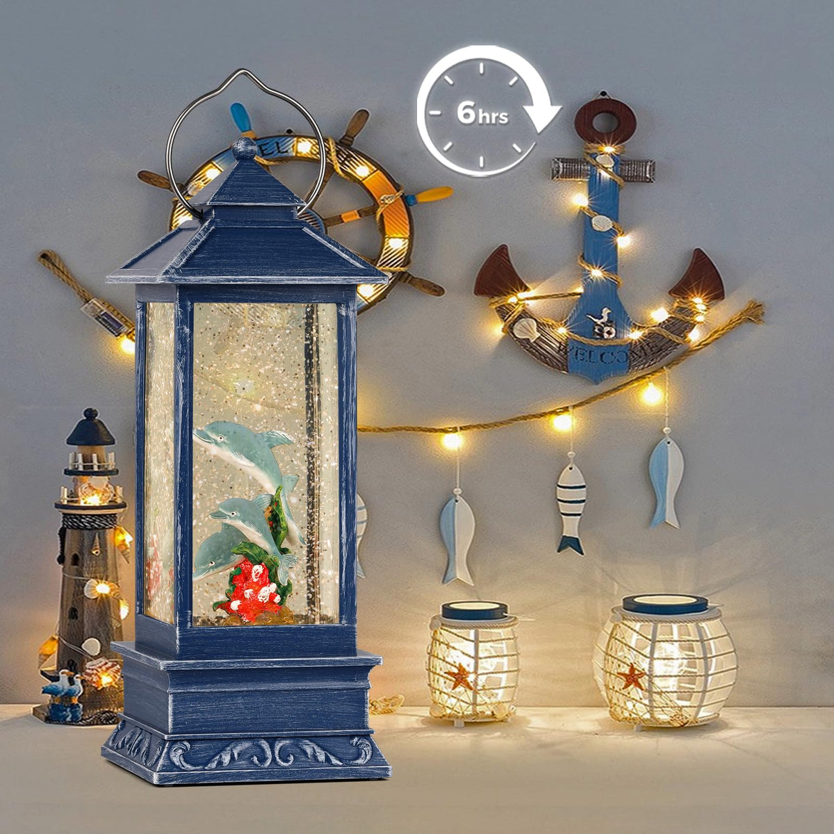 Snow Globe Lantern, Snow Globe with Swirling Glitter, USB and Battery Powered Dolphin Glitter Snow Lantern with Timer, Perfect for Home Tabletop Decorations