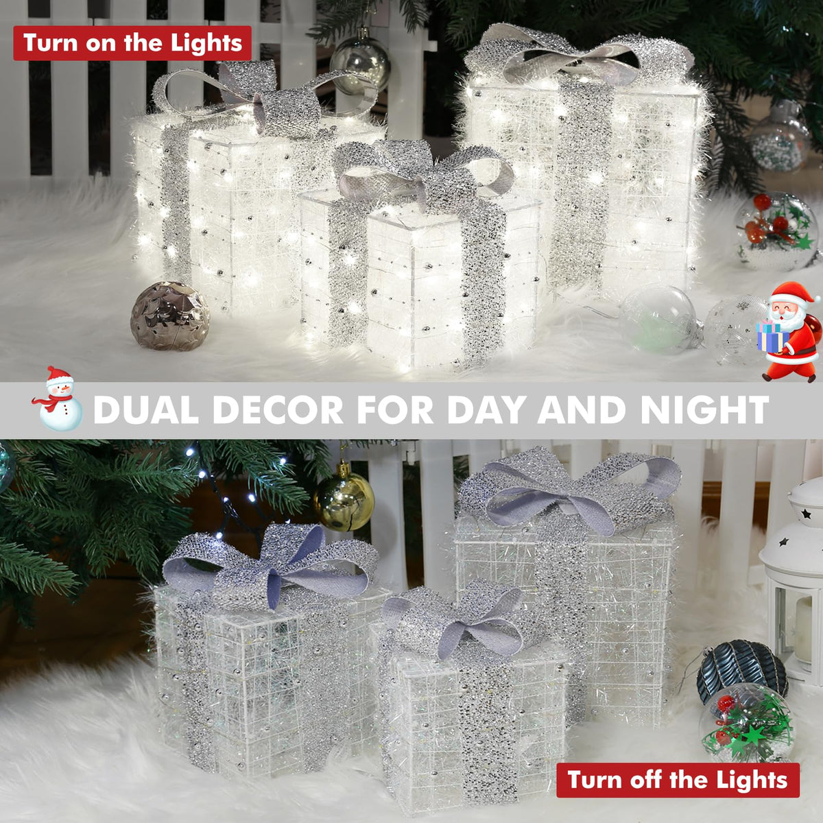 Christmas Lighted Gift Boxes, 140 LEDs Light Up Presents Christmas Decor, 8 Modes & Memory Function Plug-in Lighted Christmas Boxes, Set of 3 Christmas Decoration for Xmas Holiday Party Indoor Outdoor
