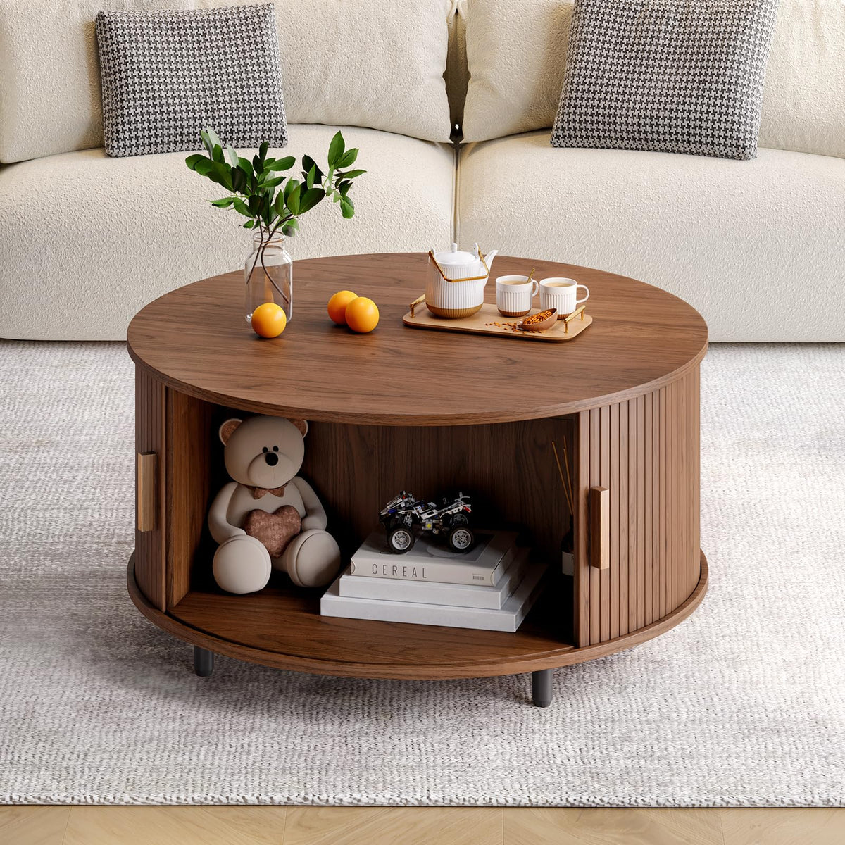ONBRILL Round Coffee Table with Storage, 31.5" Modern Coffee Table with 360° Curved Sliding Door, Fluted Wood Accent Coffee Table with Adjustable Footpads, Round Center Table for Living Room, Walnut