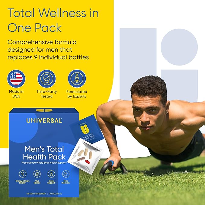Men's Total Health Daily Vitamin Packs - 22 Essential Minerals & Vitamins for Men, All-in-One Multivitamin Supplement for Energy, Stress Support, Heart, Gut Health with Krill Oil, Adaptogens - 30 Pack