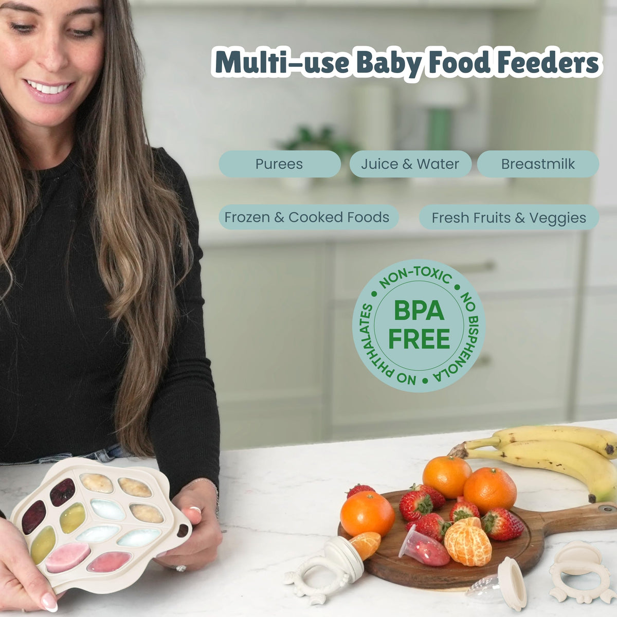 Baby Fruit Food Feeder, Bib, and Breastmilk Popsicle Molds for Teething Relief - 3 Pack Set with Multi-Portion Freezer Tray & Lid, Adjustable Spill-Resistant Bib, and 3 Pacifier Sizes (Beige)