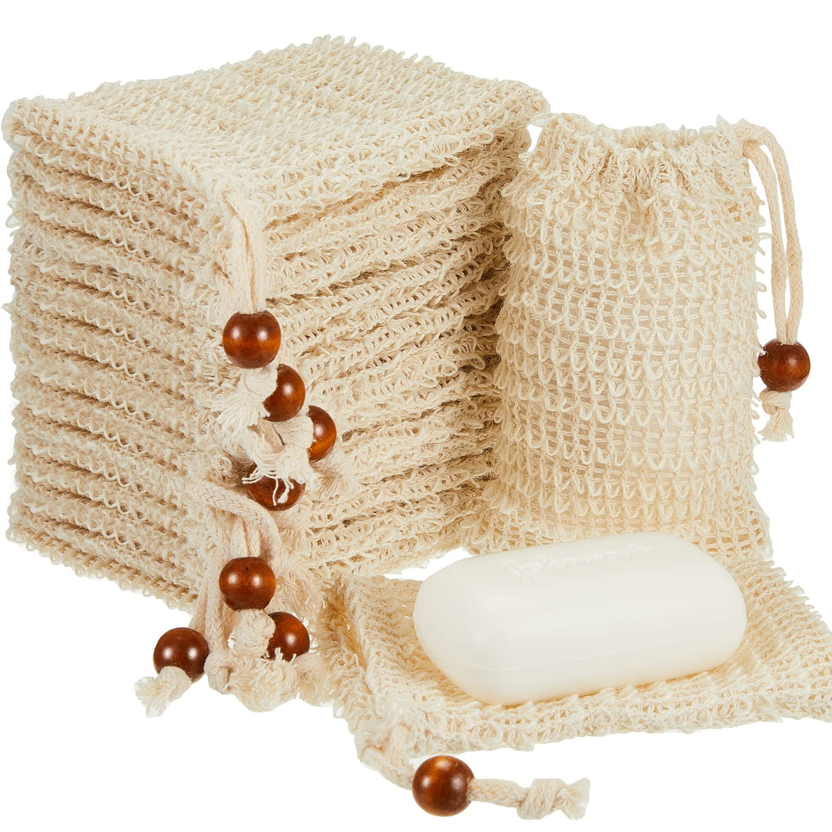 Cunhill 40 Pack Soap Saver Bag Exfoliating Sisal Soap Pouch with Drawstring Bar Wooden Bead Foaming and Drying Exfoliating Net for Bath and Shower