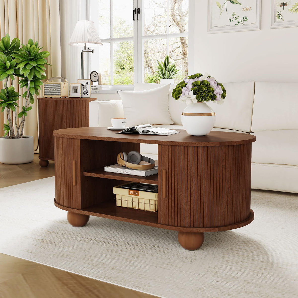 Rectangle Coffee Table, Mid-Century Modern Coffee Table with Storage & Sliding Doors, Fluted Coffee Table Center Table for Living Room, Dining Room, Apartment, Home Office (Walnut)