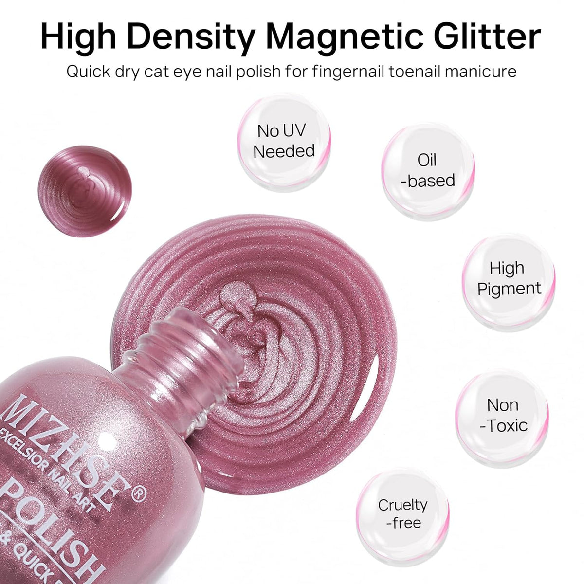 MIZHSE Quick Dry Cat Eye Nail Polish, Pink-Purple Magnetic Nail Polish with Magnet, Air Drying Fast 15ml Cateye Nail Lacquer for Women Girls Non-Gel Nail Art Manicure DIY Home