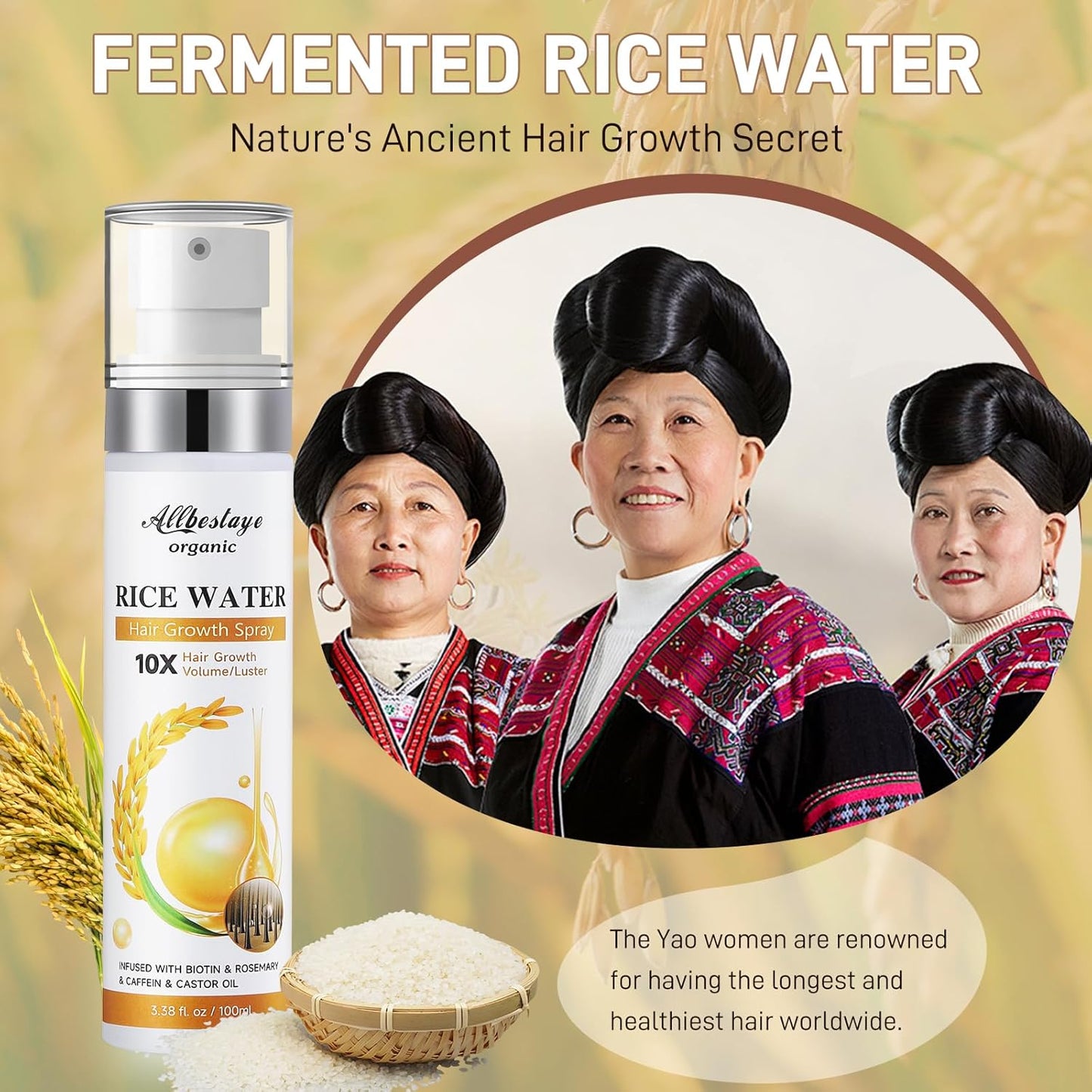 Rice Water Hair Growth Serum - Infused with Rosemary, Biotin, Caffeine, Non-Greasy Formula for Hair Loss, Damaged & Dry Hair, Thicker, Longer, Fuller Hair (3.38 OZ(Upgrade))