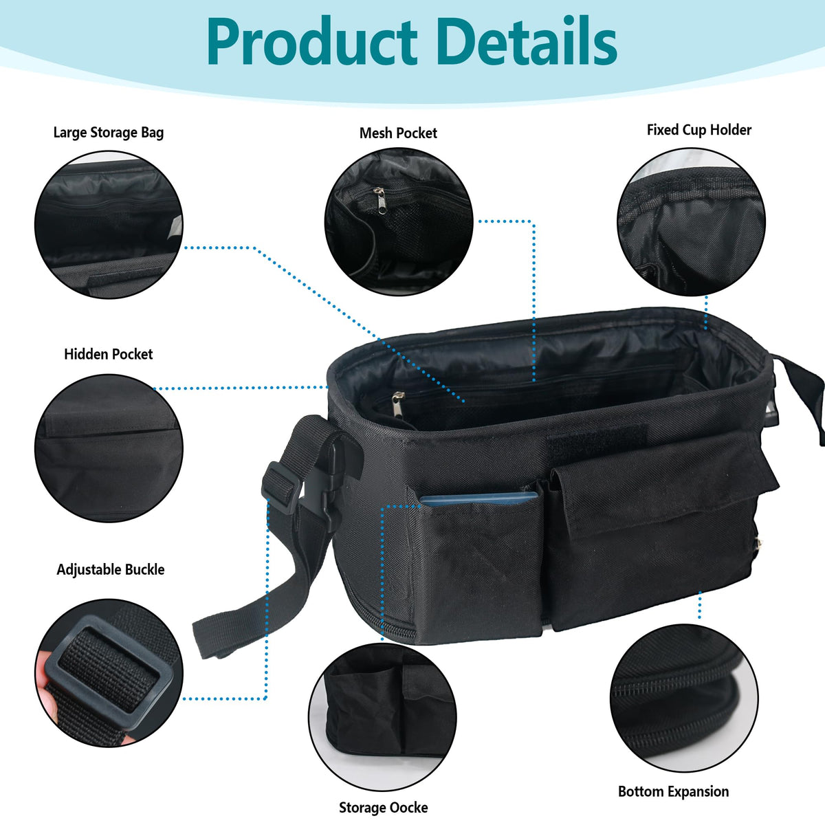 Rasfalo Universal Stroller Caddy Expandable Organizers & Detachable Shoulder Strap, Stroller Organizer With Cup Holder Fits for Stroller Like Uppababy, Baby Jogger, BOB, Doona, Britax