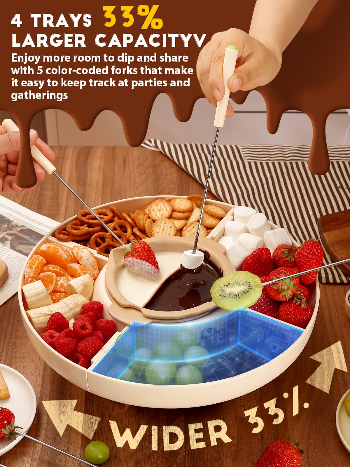 LUSHYUM Chocolate Fondue Pot Set Electric Melting Machine, 4-Cup Capacity 4 Trays 5 Forks 1 Spatula Cheese Warmer, Ideal Gift for Couple Family & Date Night Idea House Warming Holidays Essentials