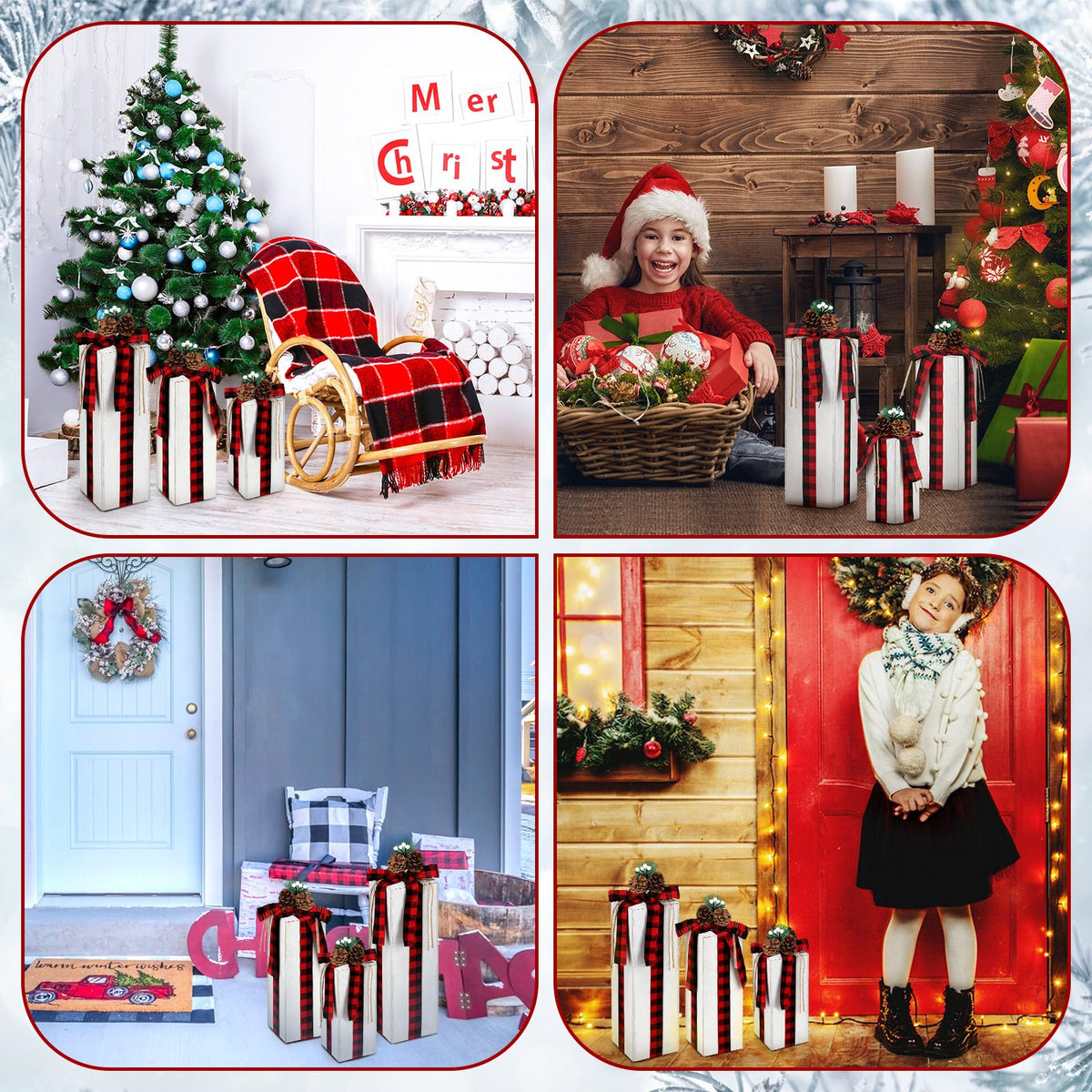Huwena 3 Pcs Large Christmas Rustic Wood Presents 3 Sizes Christmas Table Centerpieces Christmas Tiered Tray Decor Gift Christmas Xmas Decor Wooden Faux Blocks with Buffalo Plaid Bowknot for Holiday