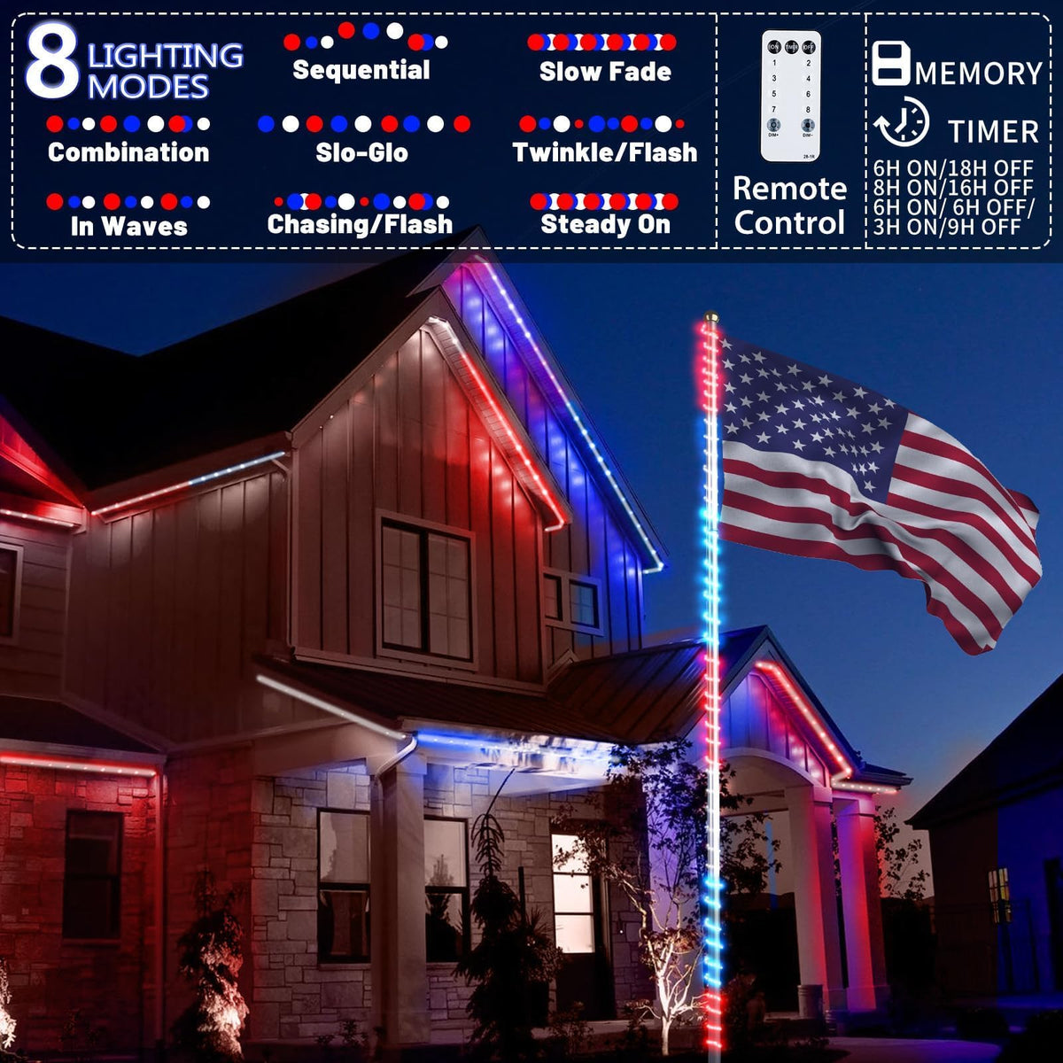 Kenburg 4th of July Red White and Blue Rope Lights with Patriotic Music, 50ft 600 LED 8 Modes Fourth of July Decorations Plug in Timer Tree Lights Outdoor for Independence Day Memorial Day