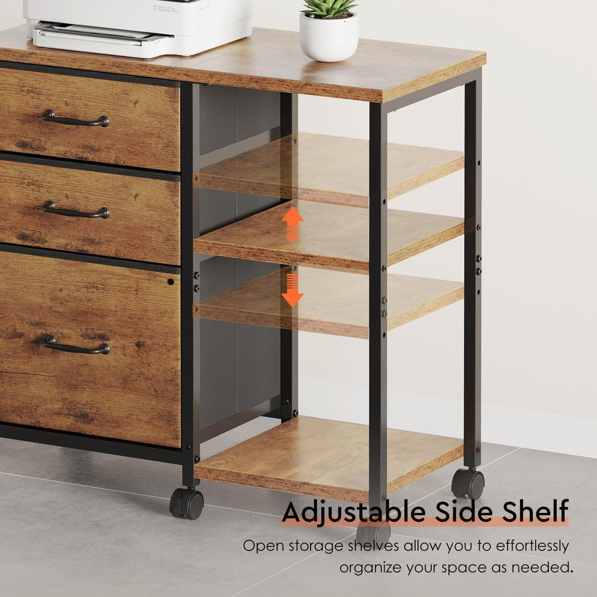 Maihail 3 Drawer File Cabinet with Wheels Rolling Printer Stand with Open Storage Shelf Fabric Lateral Filing Cabinet for Home Office,Rustic Brown2