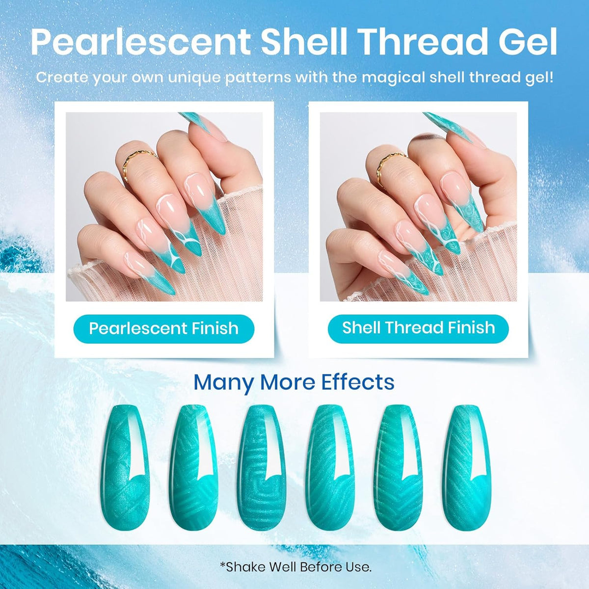 Beetles Blue Gel Nail Polish, 6 Colors Swirl Pacific Blue Glitter Blue Green Gel Polish Swirl Shell Thread Effect Soak Off Nail Art Design Salon Home Manicure Gift for Girls Women