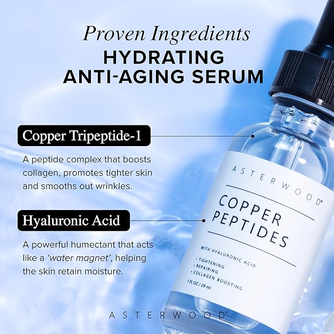 Asterwood Copper Peptides Serum for Face - with GHK-Cu and Hyaluronic Acid - Anti-Aging Facial Serum - 1 Fl Oz