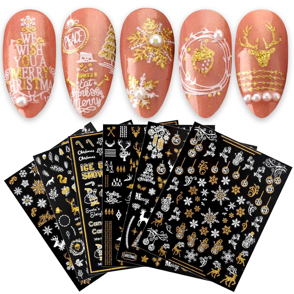 JMEOWIO 9 Sheets Christmas Nail Art Stickers Decals Self-Adhesive Pegatinas Uñas Bling Snowflake Snowman Holiday White Gold Nail Supplies Nail Art Design Decoration Accessories