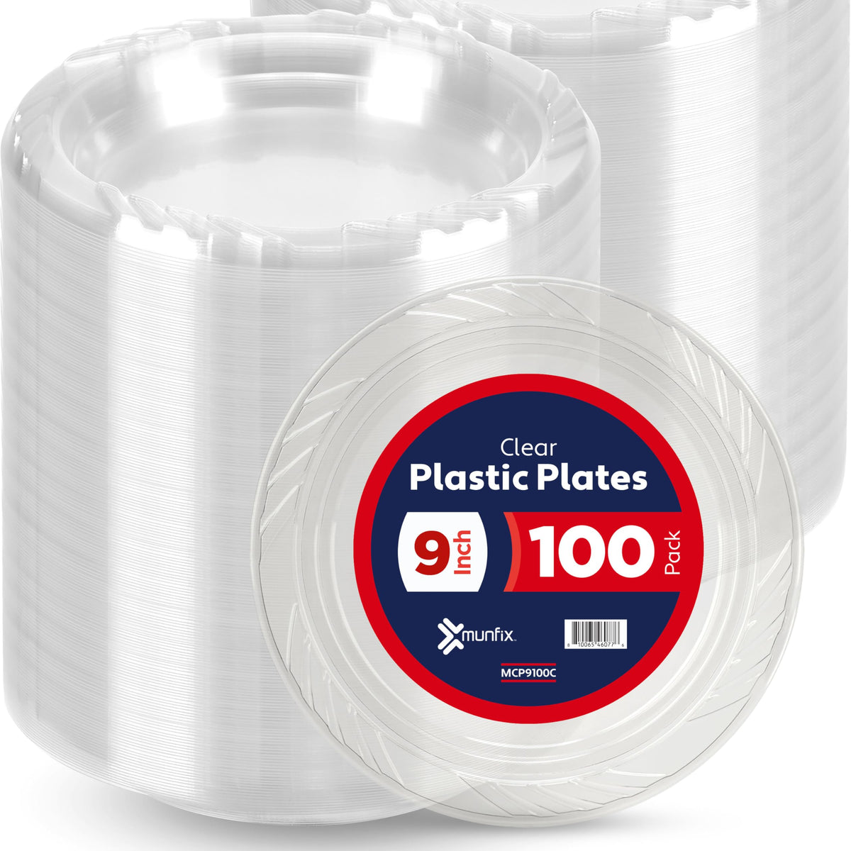 Munfix 100 Clear Plastic Plates Set - 9 Inch Disposable Dinner Plates Bulk Pack, for Party, BBQ, Picnic, Parties, Travel and Events, Microwavable Recyclable