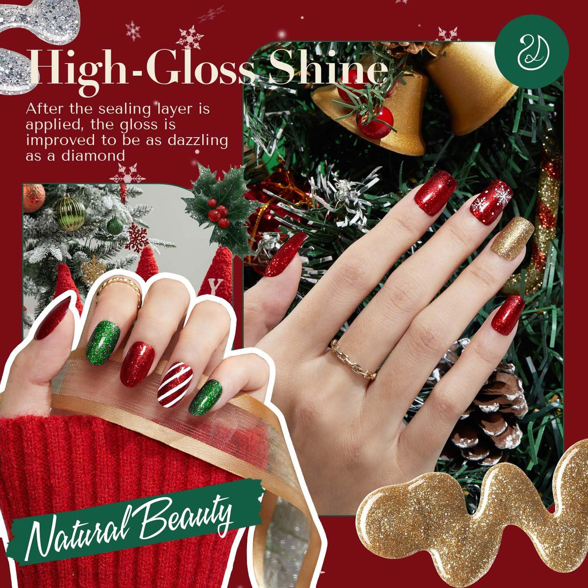 AZUREBEAUTY Nail Polish Set, 4 Colors Christmas Glitter Red Green Gold Silver Quick Dry Natural Fingernail Lacquer Strengthening Treatment Kit with Top Coat DIY Salon at Home