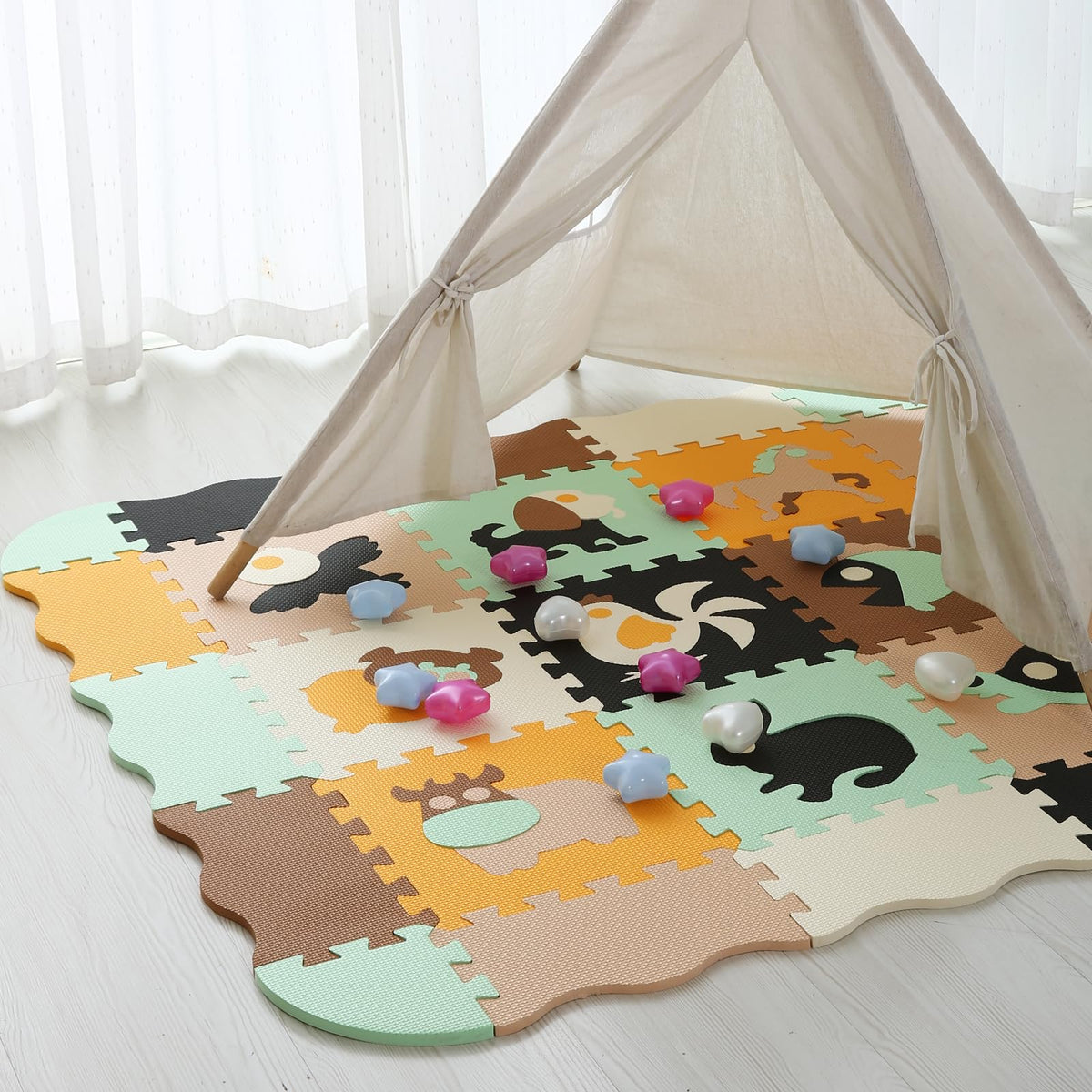Tamiplay Foam Play Mat for Kids，25Pcs Square Interlocking Puzzle Floor Mat，Baby Play Mat Floor Mat Foam Puzzle Playmat for Toddlers with Fence（Animal-CSH005