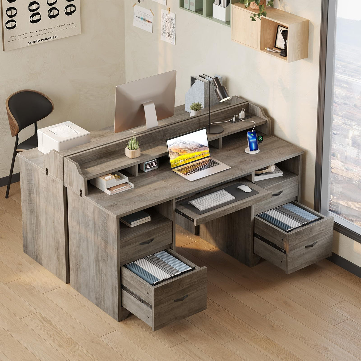 Bestier Farmhouse 59" Executive Desk with Drawers, Wood Computer Desk with Charging Station, Home Office Desk with Keyboard Tray & Monitor Stand, Sturdy Pedestal Desk for Work Study, Grey