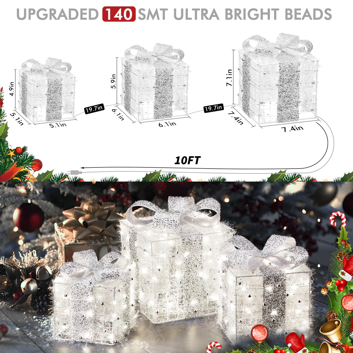 Christmas Lighted Gift Boxes, 140 LEDs Light Up Presents Christmas Decor, 8 Modes & Memory Function Plug-in Lighted Christmas Boxes, Set of 3 Christmas Decoration for Xmas Holiday Party Indoor Outdoor