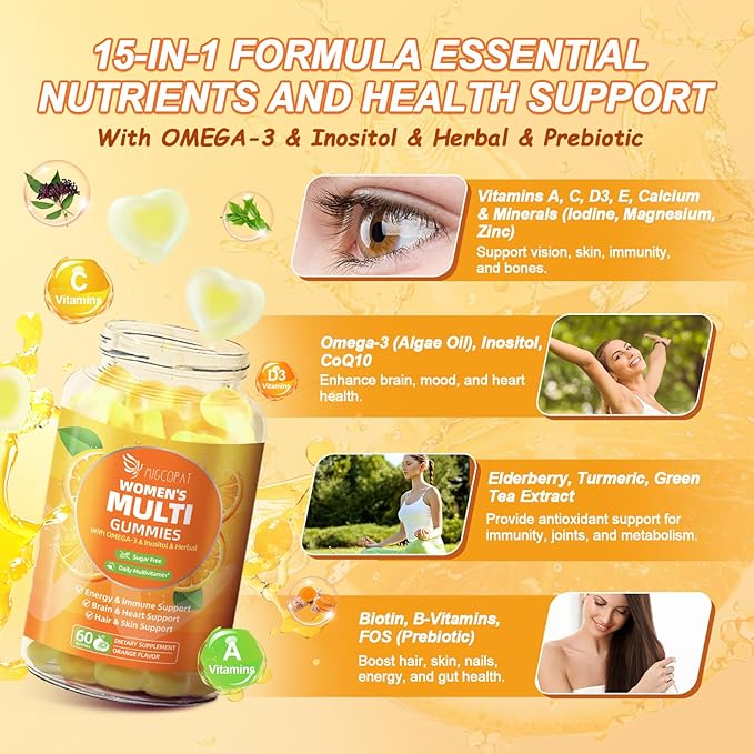 Multivitamin Gummies for Women w/Omega-3, Inositol, Folate, Biotin, Women Multivitamin Gummy w/Vitamins A, C, D3, E, B12 for Heart, Brain, Energy, Immune, Sugar Free, Orange Flavor, 60 Ct