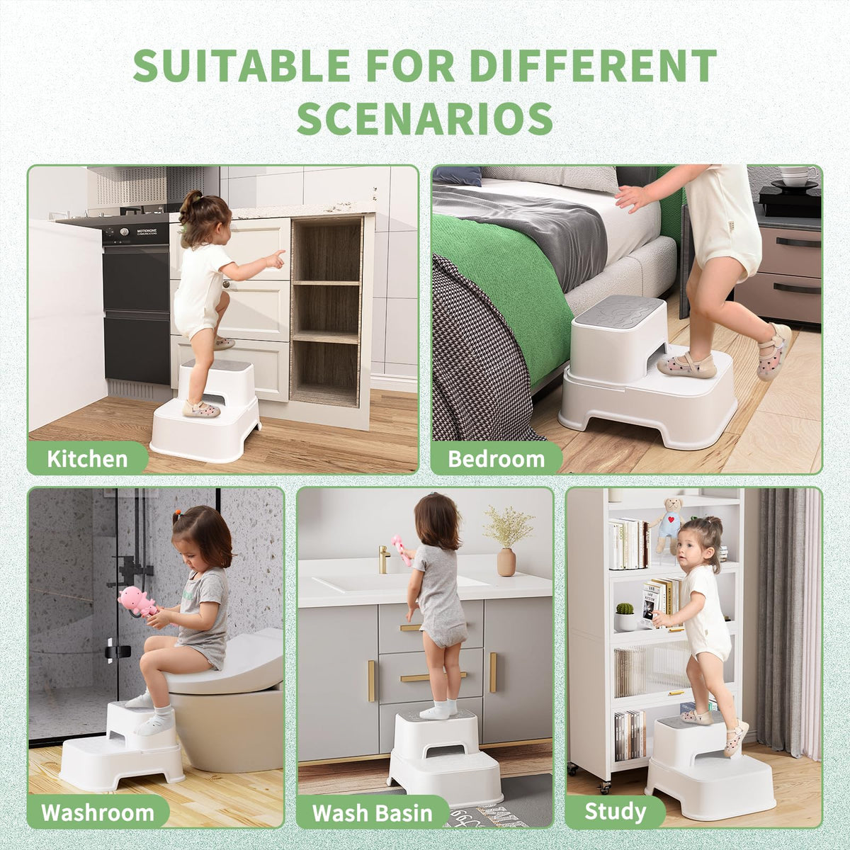 MangoHood Step Stools for Kids - Double up Toddlers Stool Multifunctional Toilet Stepping Stool for Kids Anti-Slip Step Stool for Bathroom Sink, Potty Training, Kitchen (White-1Pack)