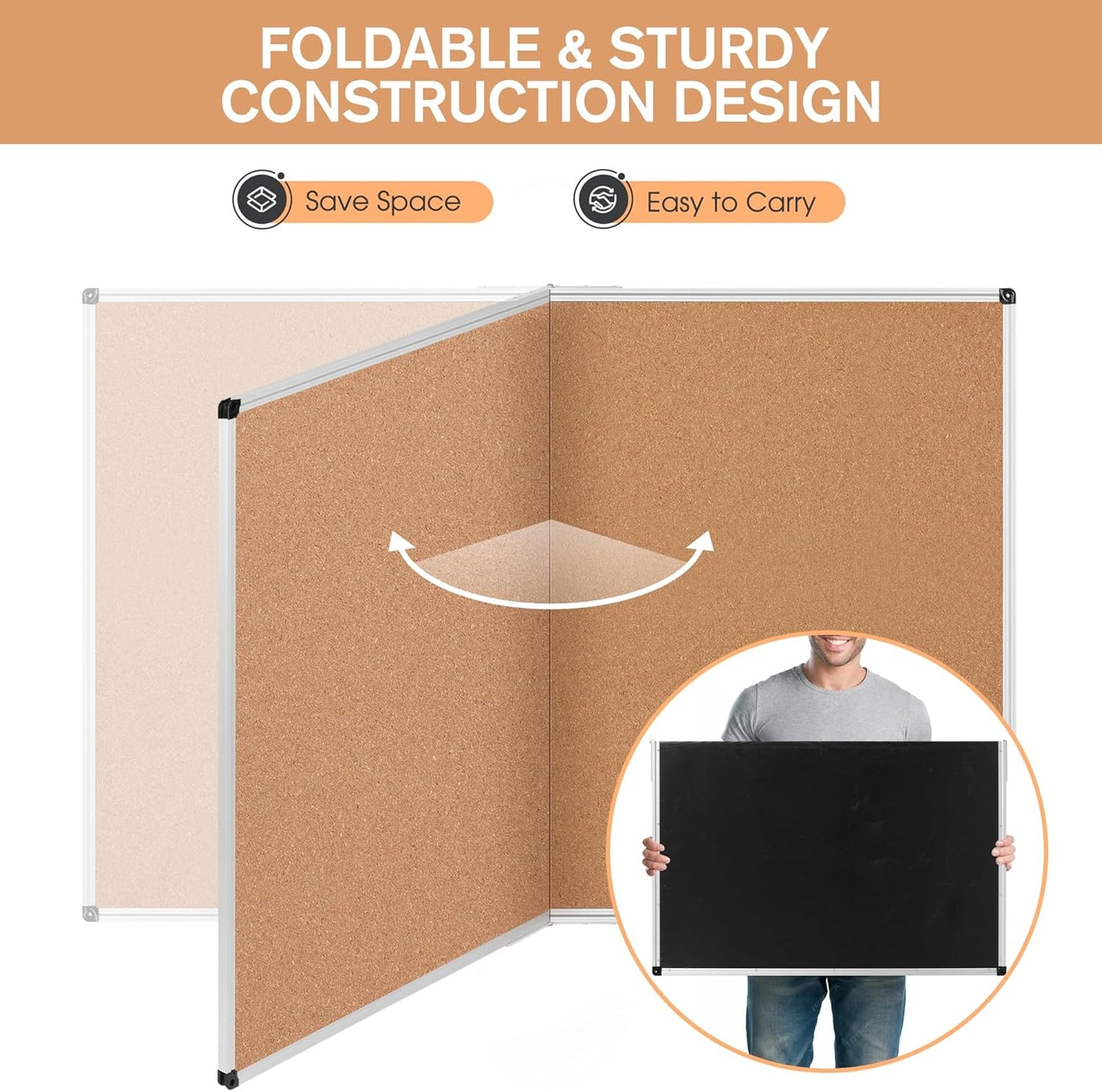 Board2by Extra Large Cork Bulletin Board 48" X 48", Foldable Notice Pin Board for Wall, Silver Aluminum Framed 4'x4' Corkboard, Wall Mounted Noticeboard with 36 Push Pins for School, Home & Office