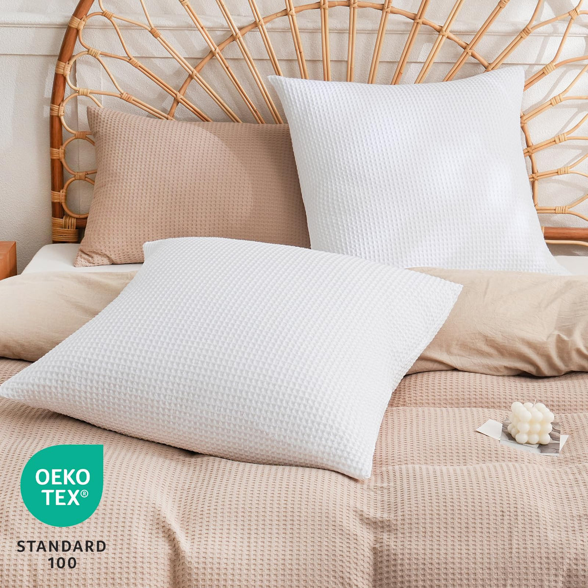PHF 100% Cotton Waffle Weave Euro Shams 26" x 26", No Filling, 2 Pack Elegant Home Decorative Euro Throw Pillow Covers for Bed Couch Sofa, White